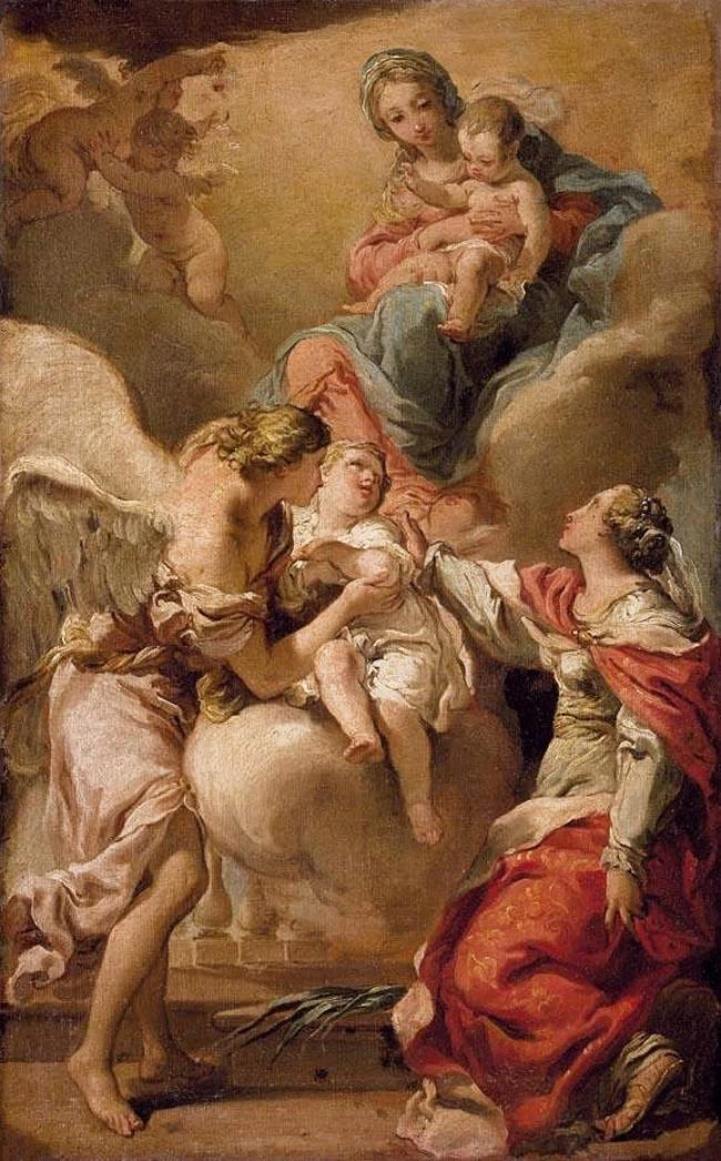 Santa Giustina e l'angelo custode elogiano l'anima di un bambino alla Madonna col Bambino